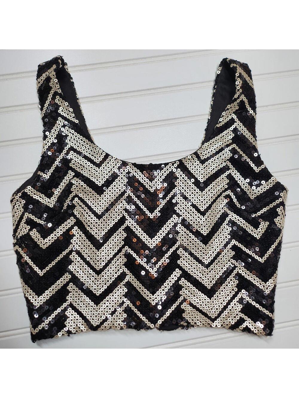 B Smart Sequin Crop Top Chevron Sleeveless Party Festival Top Black Gold M